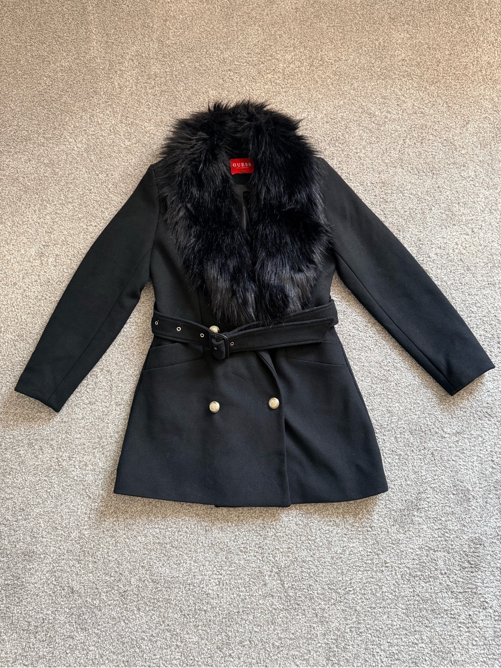GUESS Women’s Black Belted Coat with Faux Fur Collar – Size Mediu